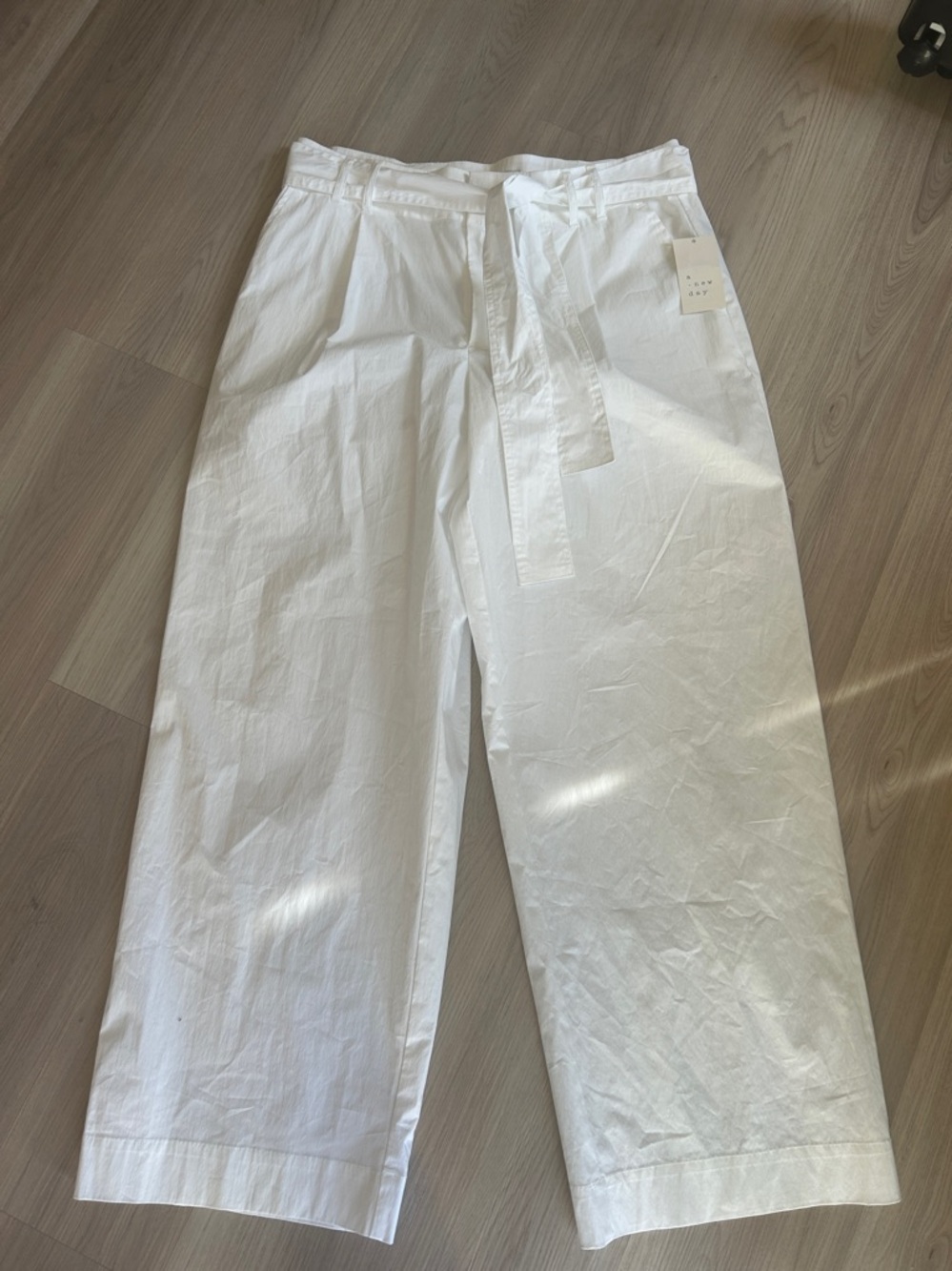 A New Day Wide-Leg Tie-Waist Cotton Blend Pants 14 White Career Resort Casual